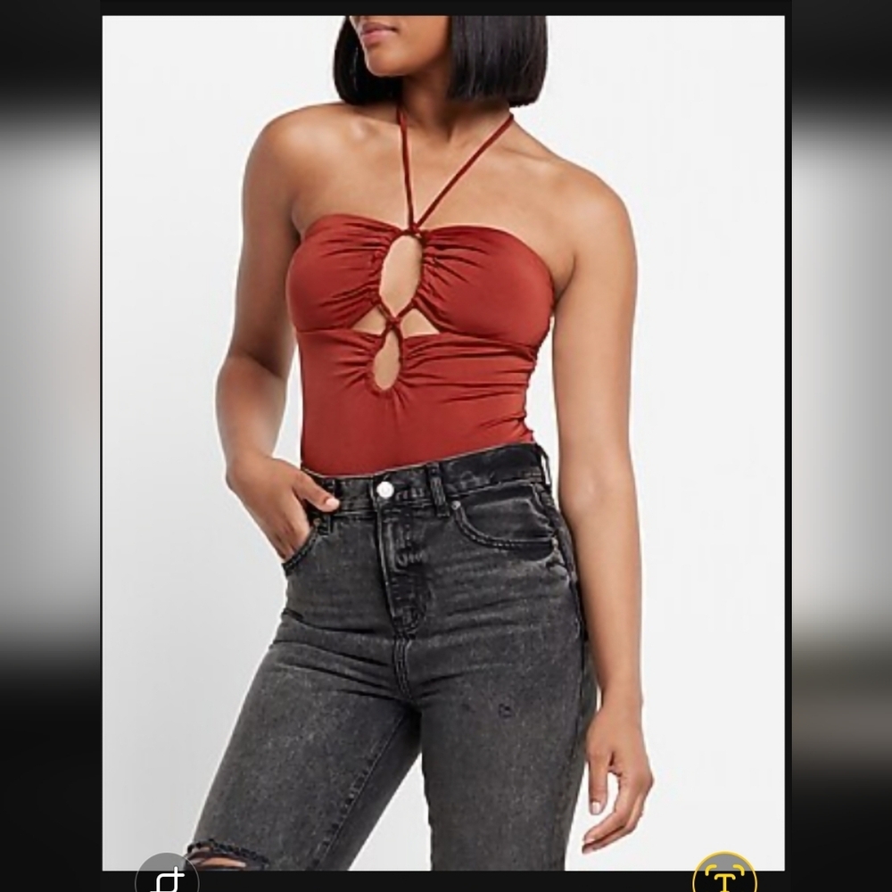 NWT Express Body Contour Silky Strappy Halter Thong Bodysuit Henna Sz S